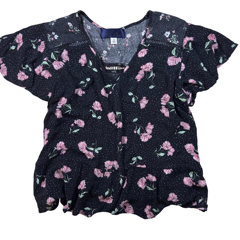 Blue Rain Floral Polka Dot Blouse V-Neck Ruffle Short Sleeve Top Black Pink‎  M